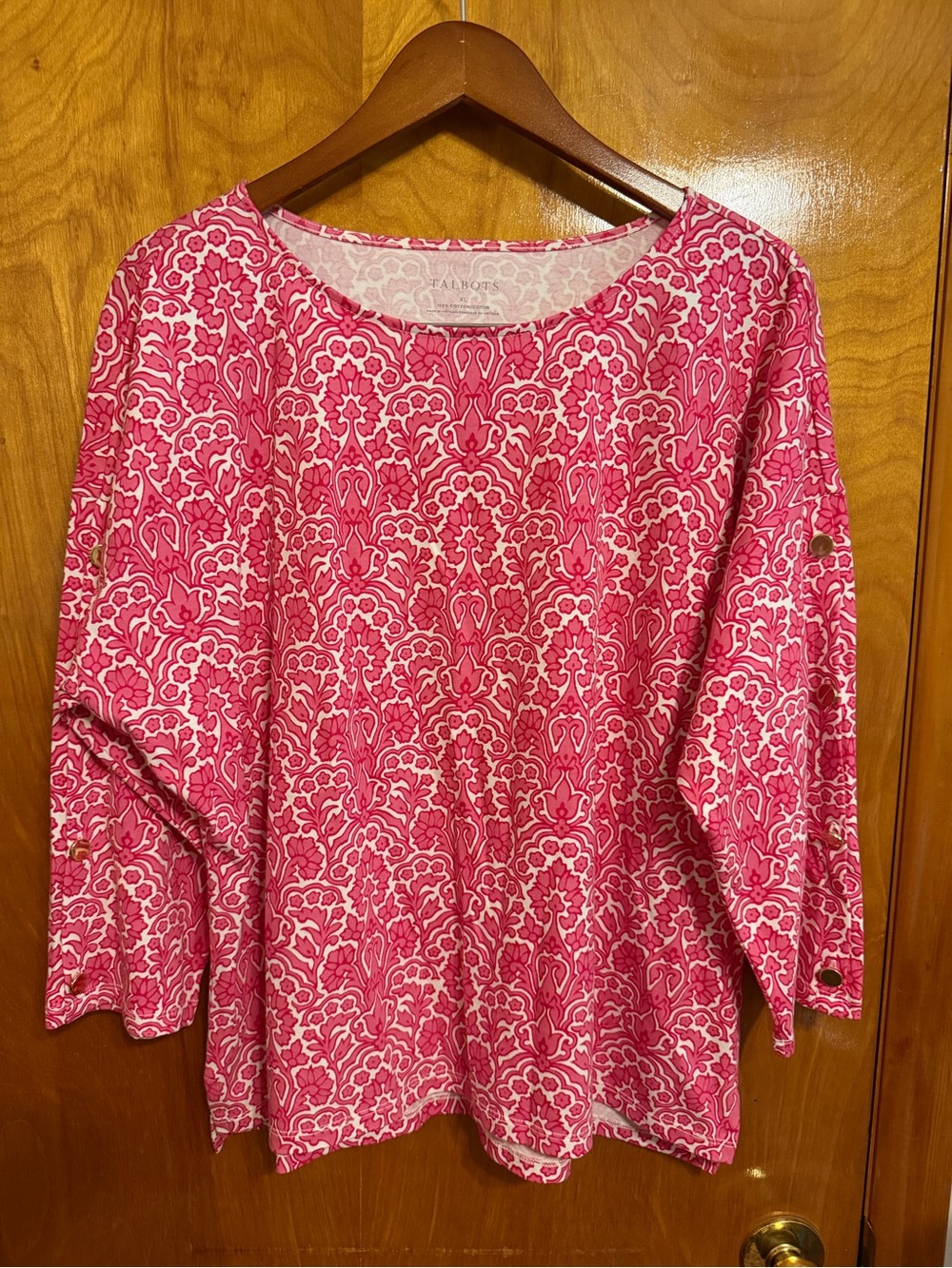 Talbots Women's Pink/White Floral 100% Cotton Knit Scoop Neck 3/4 Pullover XL